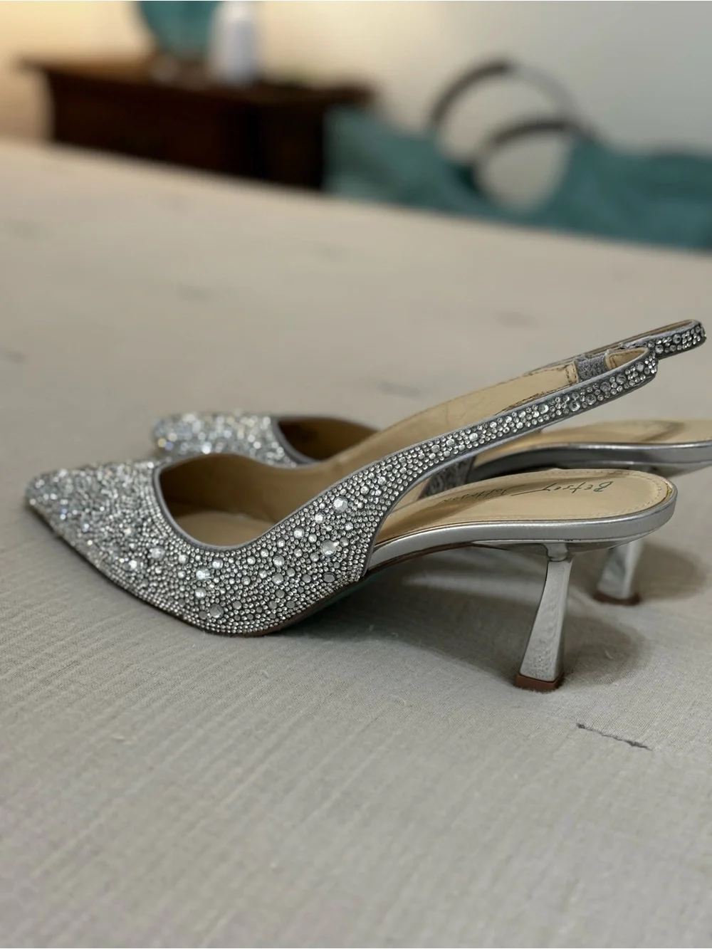 Betsey Johnson Mya Silver Rhinestone Slingback Heels
